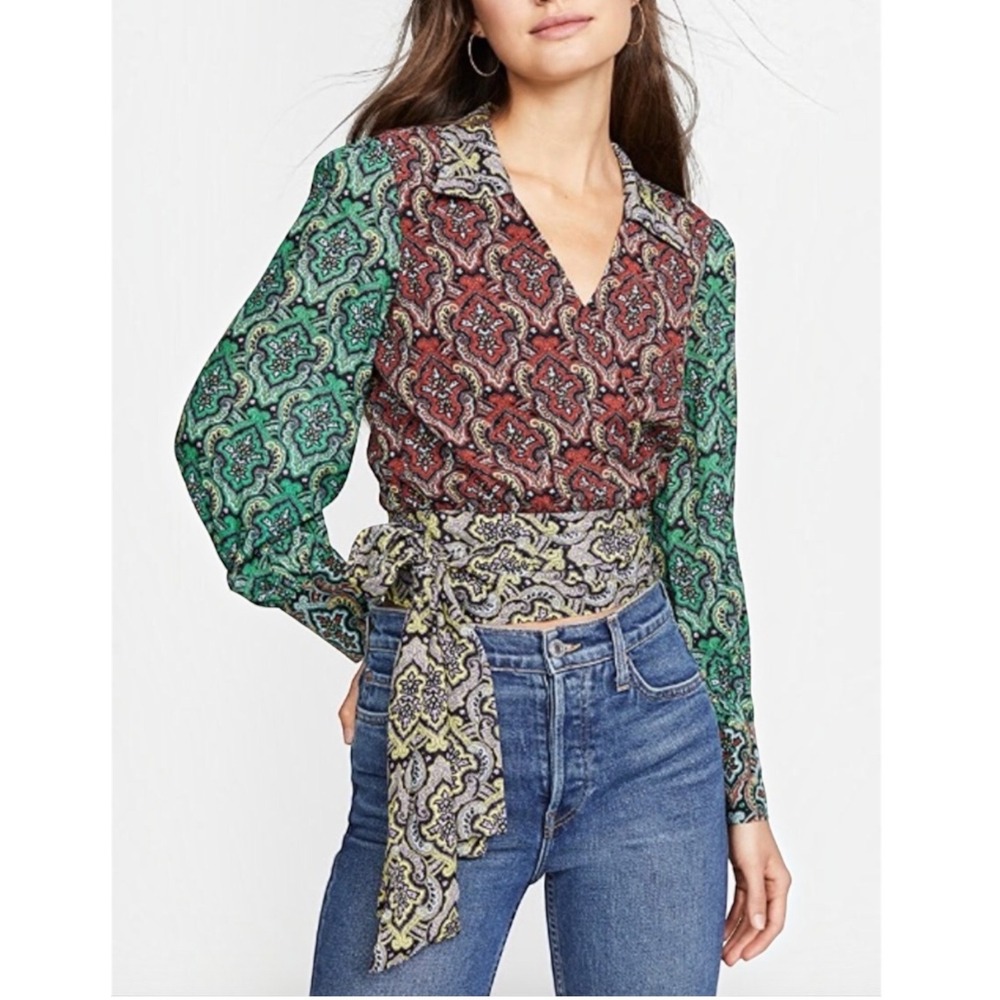 ALICE + OLIVIA Omega Color Block Blouson Sleeve Paisley Wrap Top